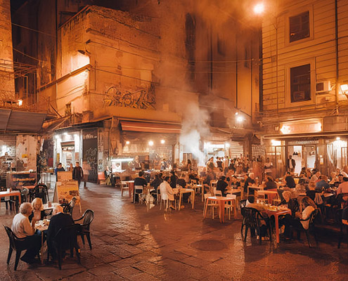 vucciria market at night, tables and street food